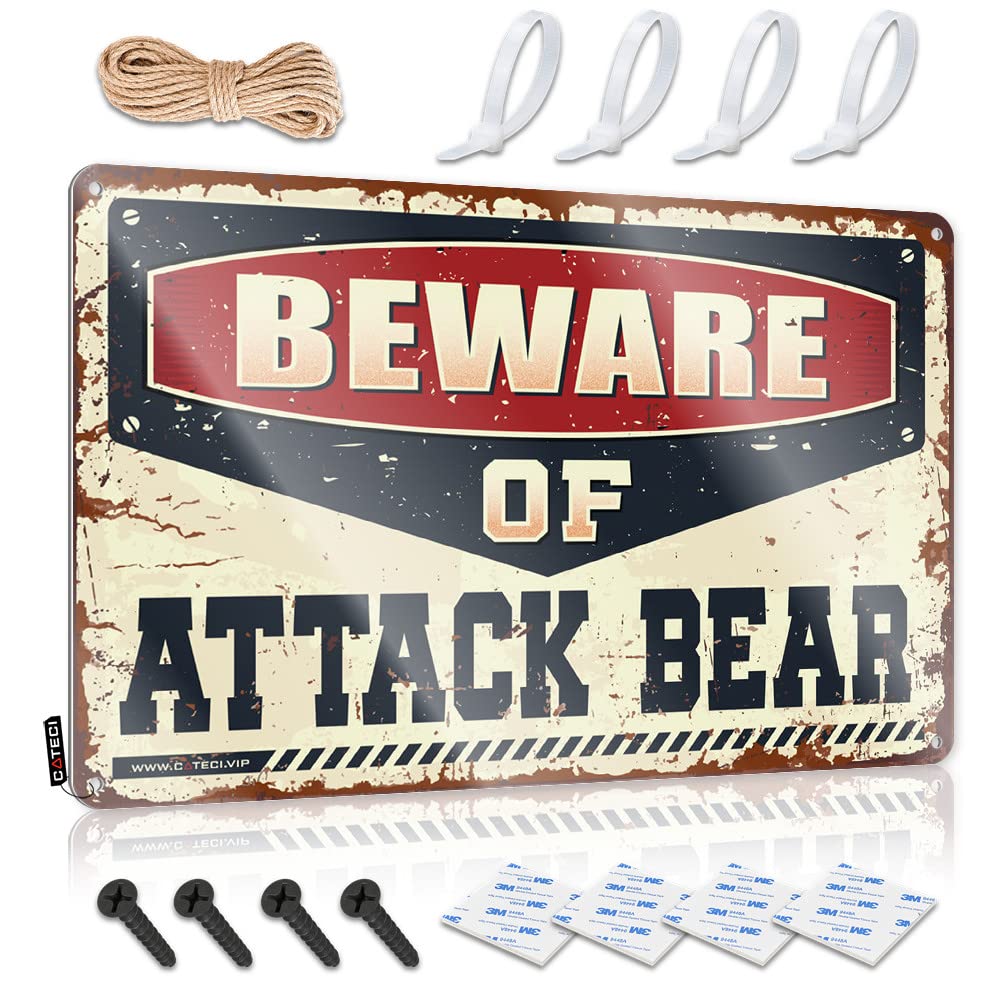 STWNVOITV Vintage Funny Tin Sign Beware Of Attack Bear Tin Sign Funny Signs Billiard Sign Decor(20X30CM)