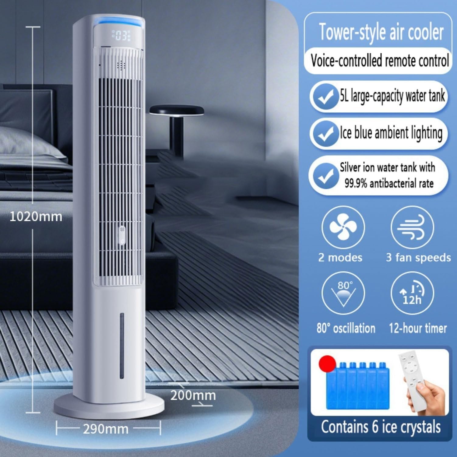 Torre de Aire Acondicionado Portátil sin Ventana, Ventilador de Enfriamiento con 3 Velocidades, Oscilación de 80°, Temporizador 12H, Enfriador por Evaporación p, Remote Control Model, 29*20*102CM