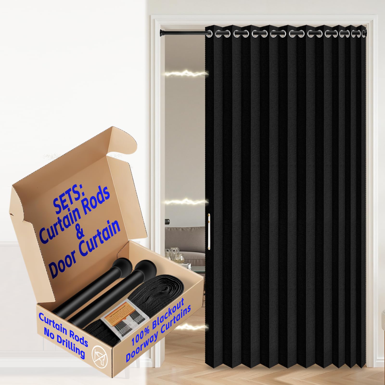 AJAZZ Blackout Accordion Door with Curtain Rods Adjustable 28-52" Long, Invisible Folding Doors Interior Magnetic Door Curtain for Bedroom Doorway Curtain Set, 1 Pack, W55 x L80 in, Black