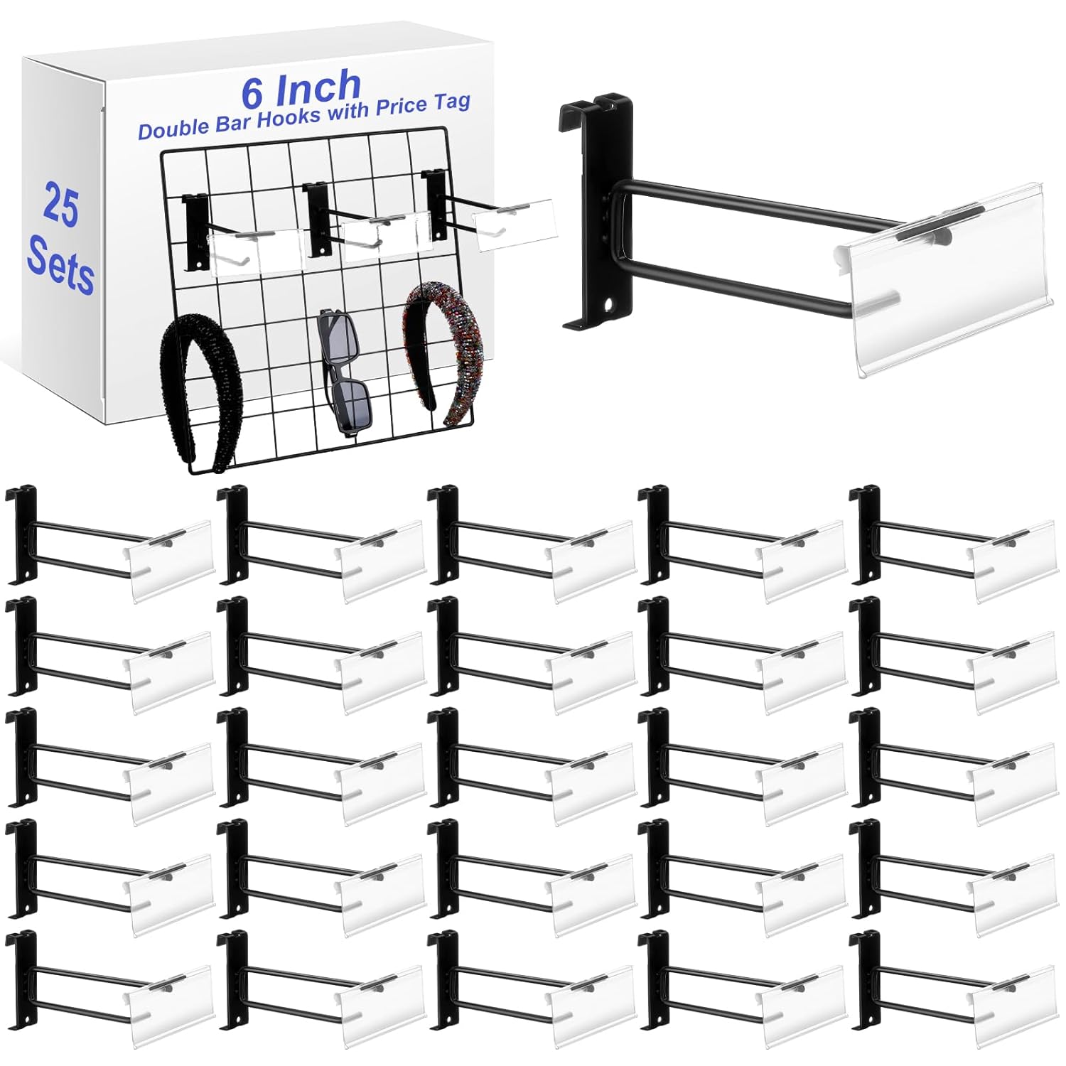 Moxweyeni 25 Set 6 Inch Heavy Duty Gridwall Panel Double Bar Hooks with Price Tag, Grid Panel Hanging Slatwall Hooks for Retail Stores Garages Hardware Stores Homes, Black