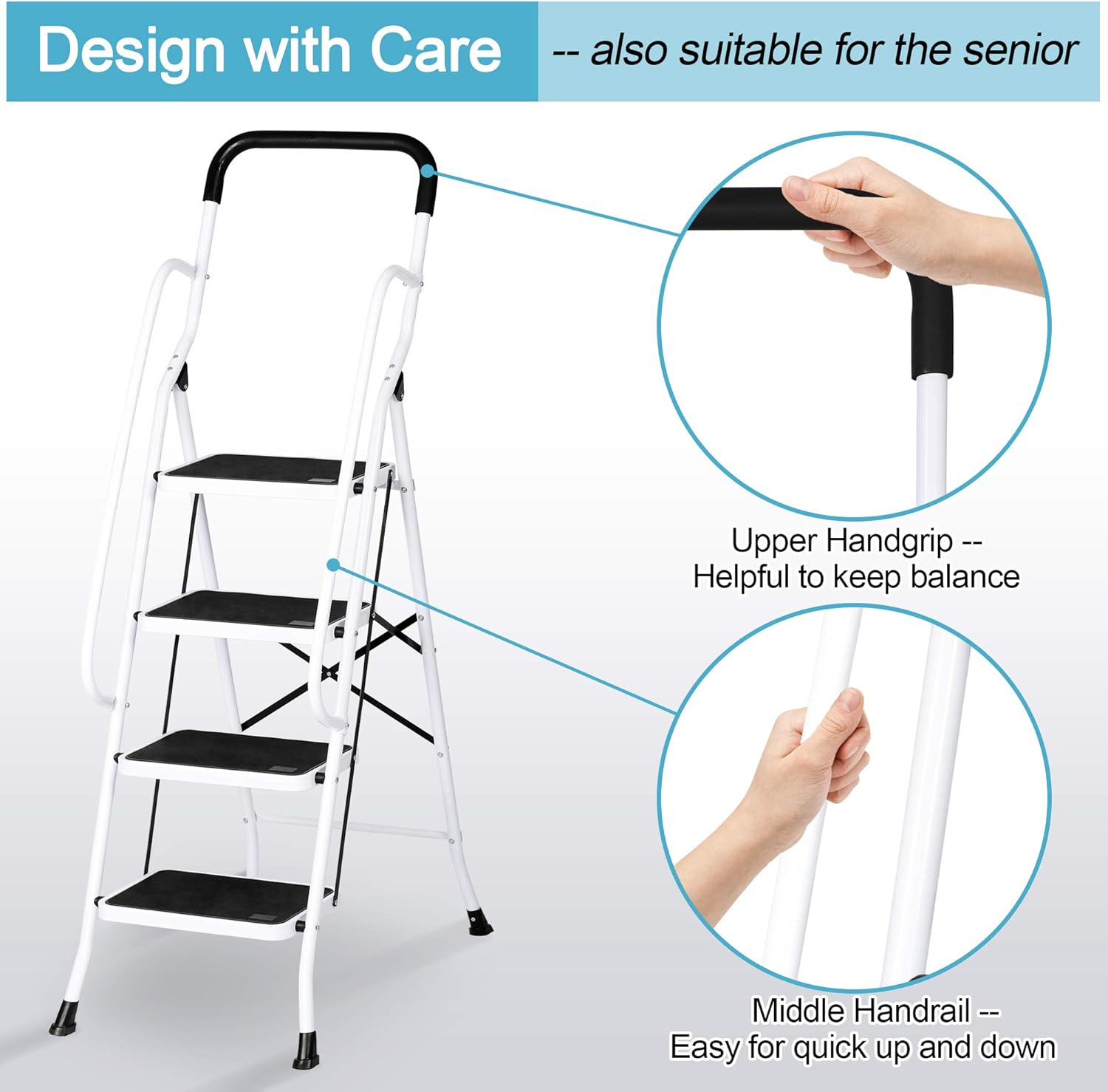 Best Seller Stable 4 Step Ladder with Hand Grips Safety Ladders Holds 330 lbs Capacity, Upgraded Free Shipping Offer Stable 4 Step Ladder with Hand Grips Safety Ladders Holds 330 lbs Capacity, Upgraded