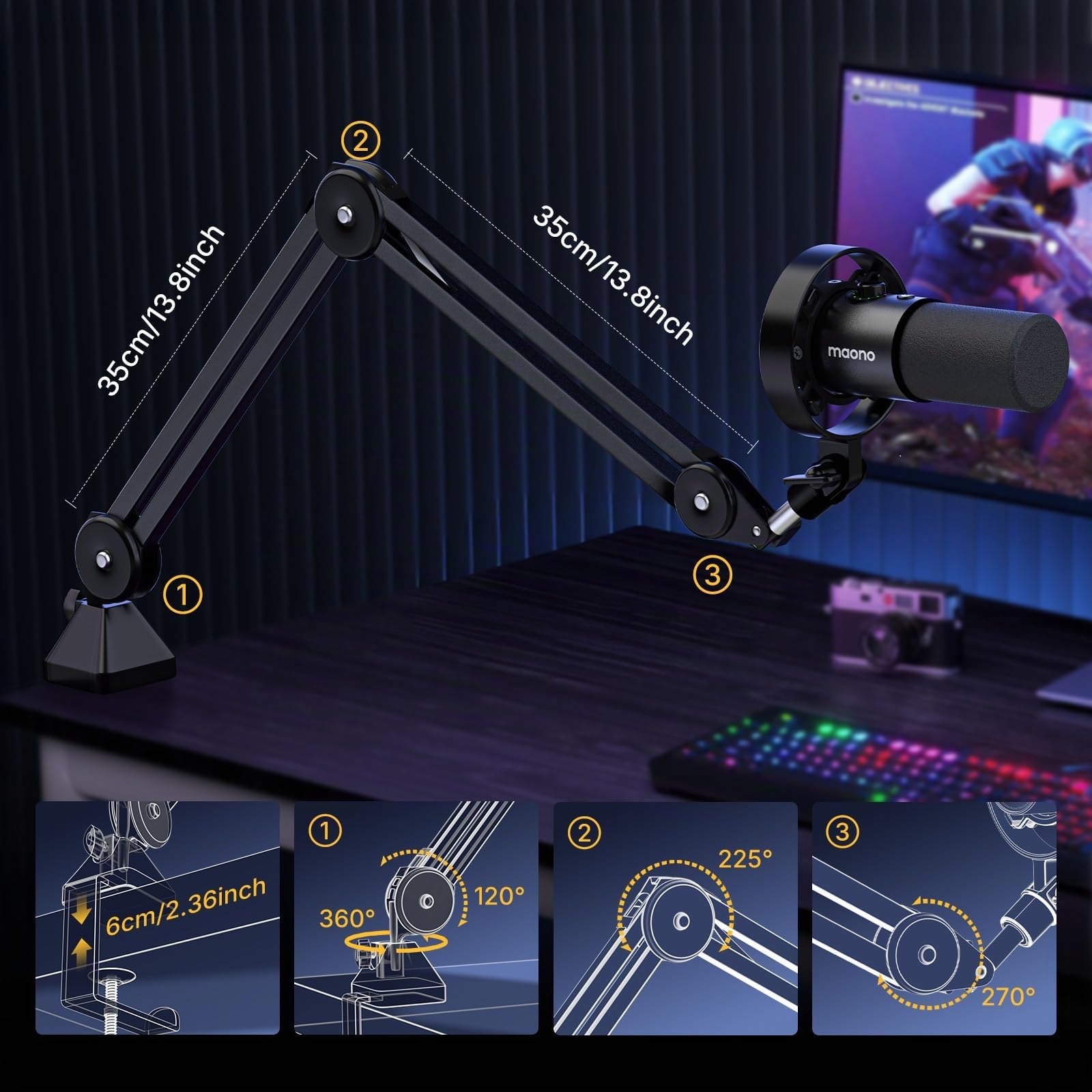 MAONO Microphone de Podcast XLR/USB, Microphone Dynamique PC avec Perche et Bouton de sourdine, Microphone Vocal pour Streaming, Studio, Jeux et Enregistrement, PD300XS
