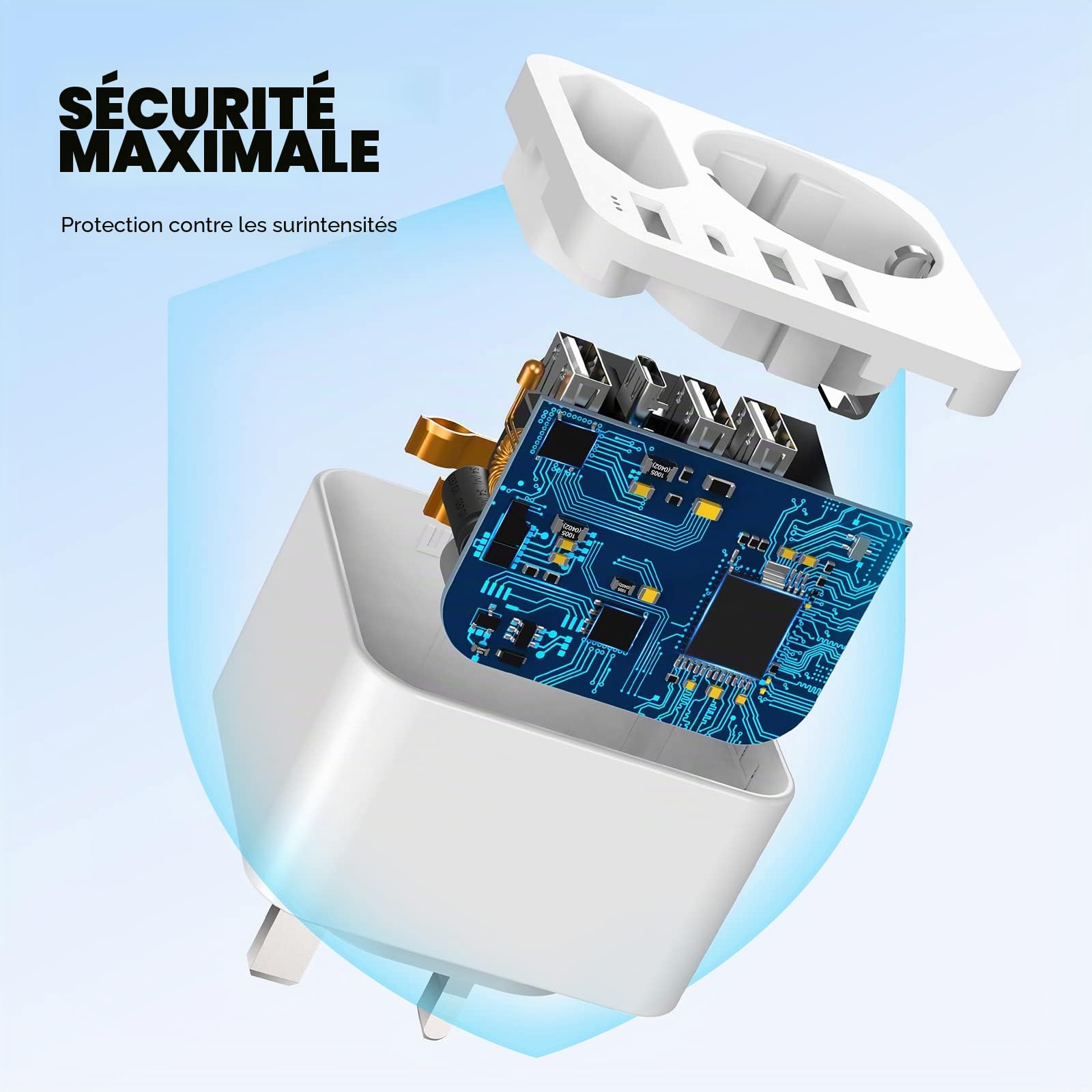 6 en 1 Prise Anglaise avec 3 Ports USB et 1 Type C (3,4A) et 2 Prises,Adaptateur Type G France vers UK pour Angleterre,Irlande, Écosse,Dubai