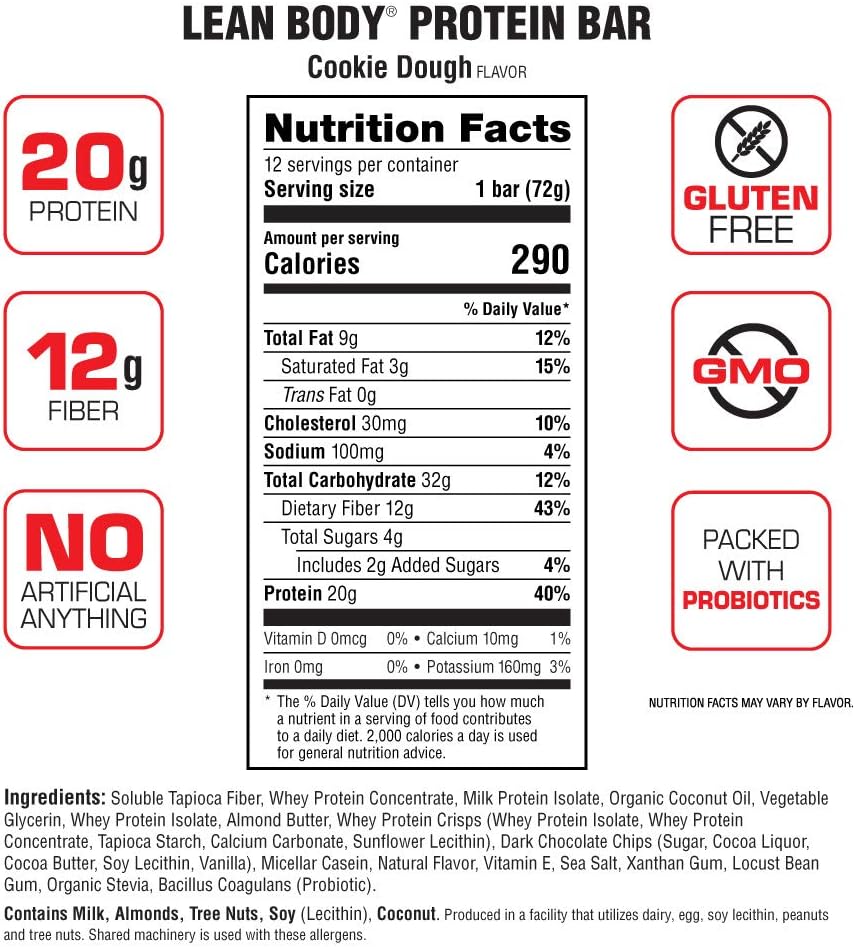 Labrada Nutrition – Lean Body Protein Bars with Probiotics, Non-GMO, Gluten Free, All-Natural Protein bar Made with Natural Ingredients, Cookie Dough, 12 Bars