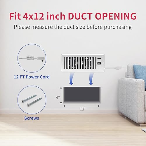 Miniatura 7 de COZZIVITA Ventilador de refuerzo de registro ultra silencioso de 4 x 12 pulgadas, con termostato inteligente para calentar y enfriar rápidamente,