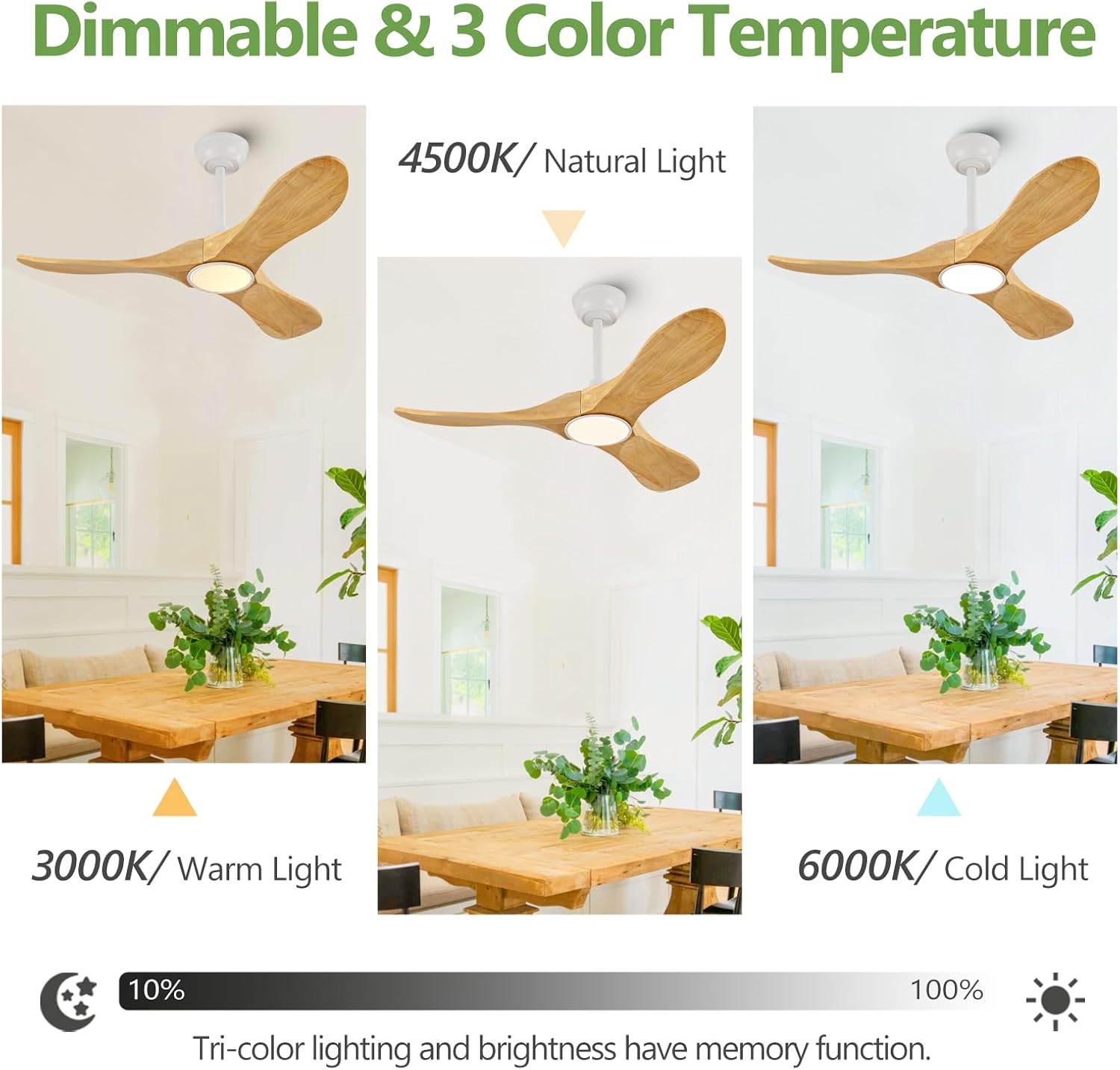 42-Inch Natural Wood Ceiling Fan with Lights, Remote Control, Dimmable, Reversible, Wood Blades, Power-Off Memory, Quiet DC Motor – Modern outdoor Ceiling Fan for Living Room, Bedroom, Patio