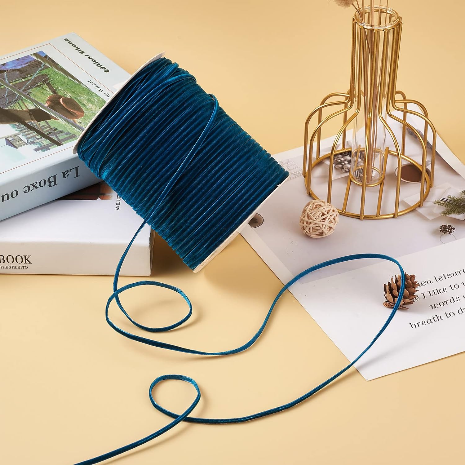 Cheriswelry 200Yards/Roll 1/8Inch Wide Velvet Ribbon Single Face Velvet Ribbon with Spool for Gift Bouquet Wrapping Hair Accessories Home Party Wedding Decoration Crafts (Teal)