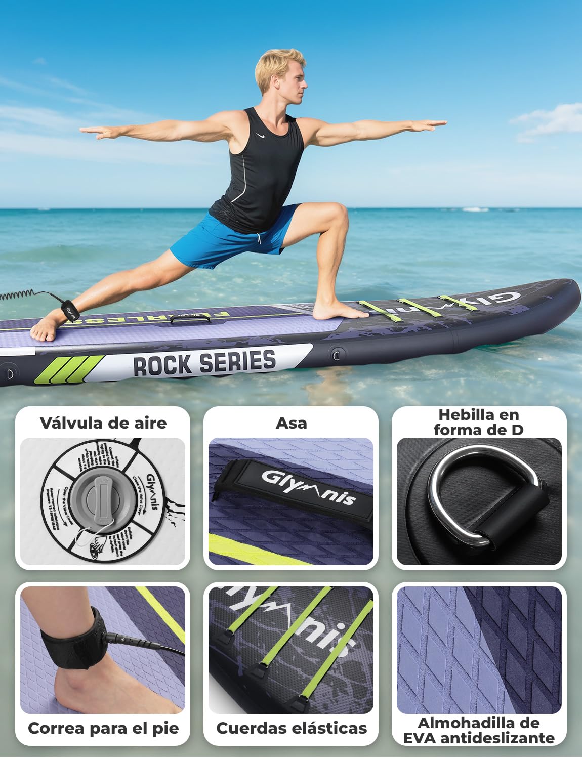 Glymnis Tabla Paddle Surf Hinchable, Tabla de Sup Stand Up Paddle Board de 320×81×15cm, Tabla de Surf de Remo con Bomba de Aire Ajustable y Accesorios Completos