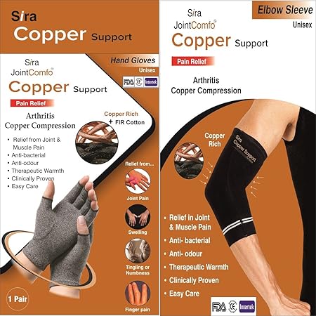 Sira Copper Compression Hand Gloves, Copper Compression Elbow Sleeve, Rheumatoid, Osteoarthritis, Arthritis, Swelling, Tingling or Numbness Finger Pain Relief, Joint Pain, Hand Pain Relief, Elbow Swellings, Muscle Joints Pain, Graduate Compression in Elbow Pain, Workouts, Golfers, Tennis Elbow, Best Premium Fit-Wear Anywhere (S)