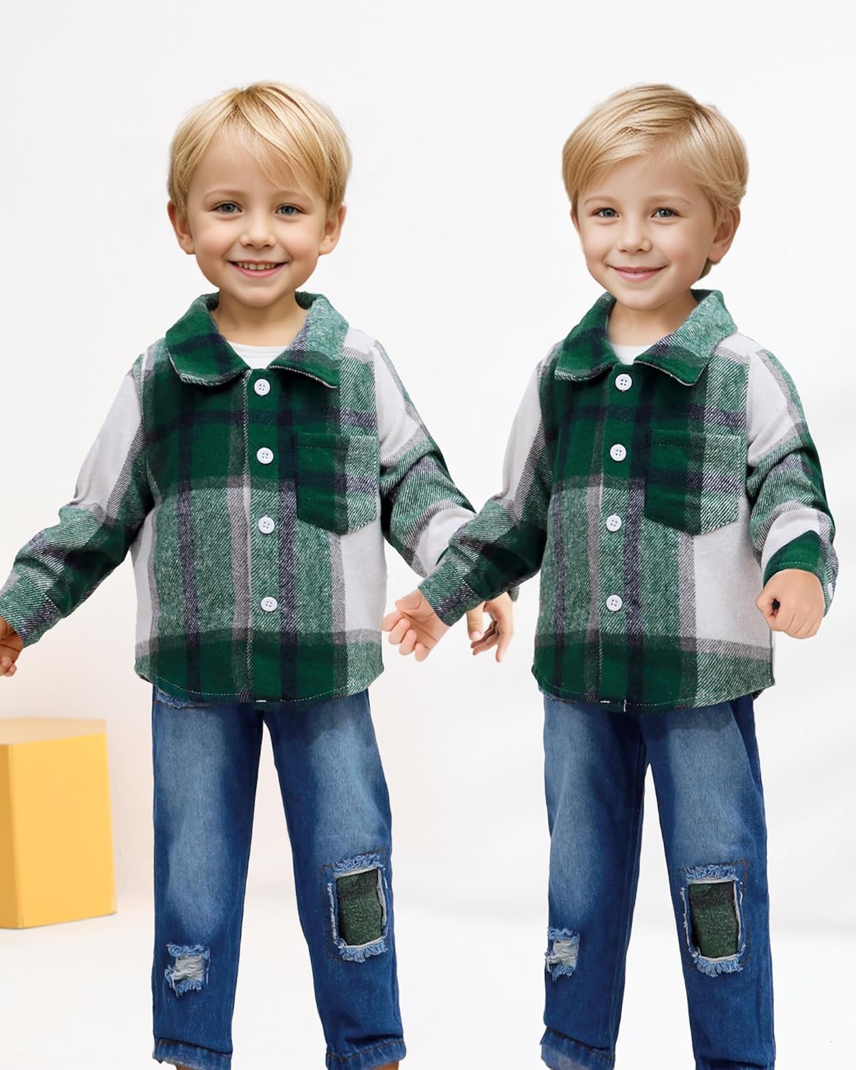 NZRVAWS Toddler Baby Boy Clothes Infant Plaid Pocket Shirt Denim Ripped Jean Pants Outfits Set 6-24 Months 2-5T - Image 2