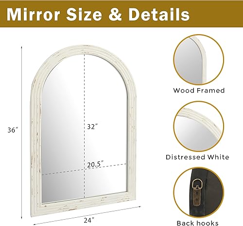 Miniatura 7 de Espejo de pared rústico blanco envejecido, con marco de madera de granja, espejo grande decorativo para sala de estar, baño, entrada, pasillo (24 x