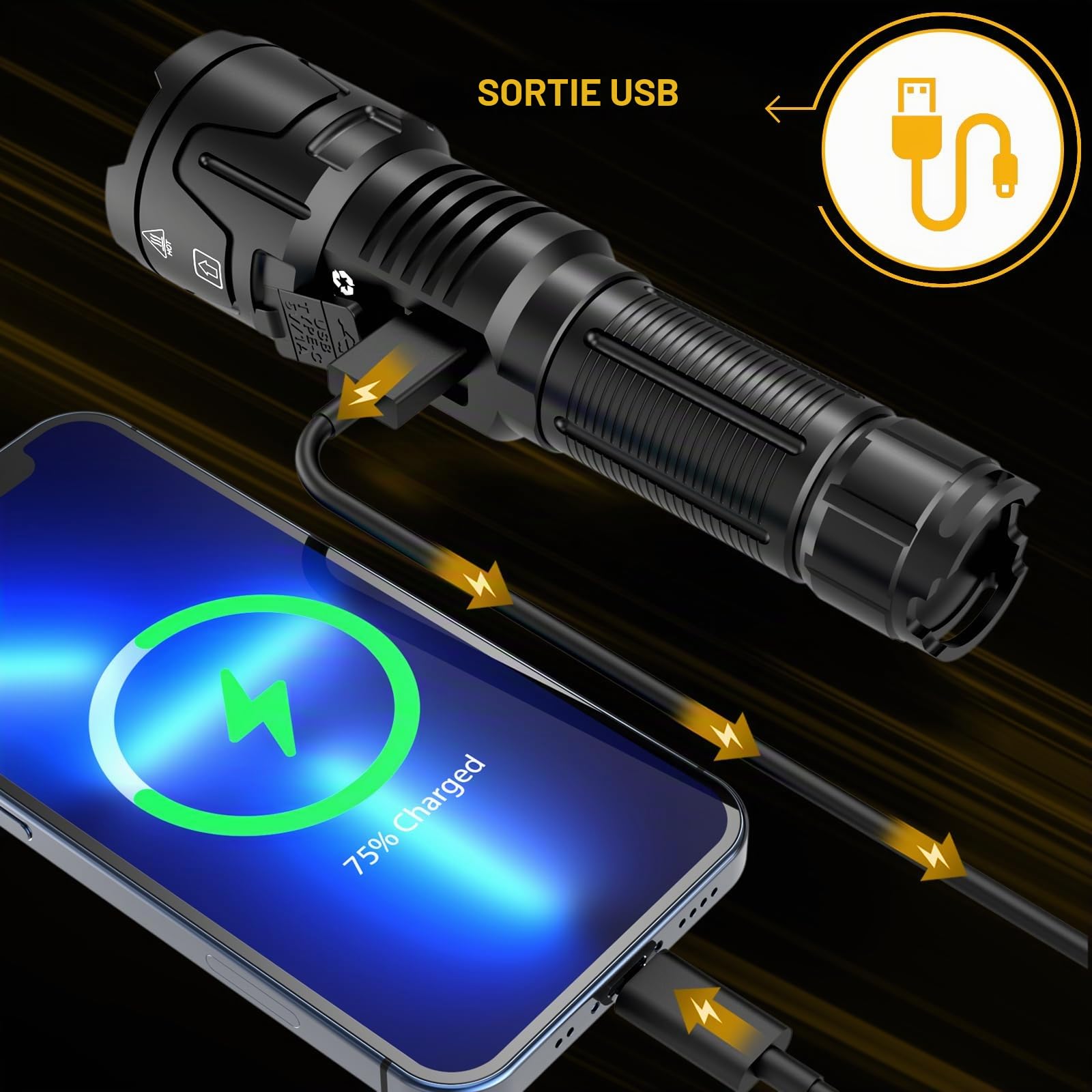 Lampe Torche LED Ultra Puissante, 1,000,000 Lumens Lampe De Poche, Torche LED Puissante Rechargeable, Lampe Torche Puissante, XHQ99.2 Torche à Haute Luminosité, Pour Camping Randonnée Urgence