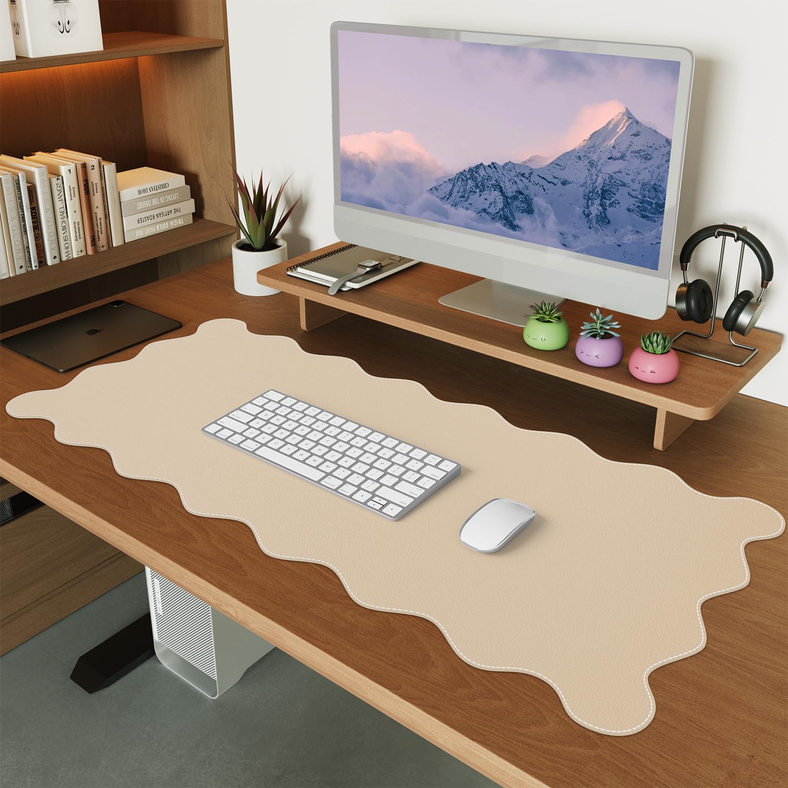 iCasso Leather Mouse Pad,Extra Large Desk Pad,Cute Scalloped Computer Mat for Desktop,Non-Slip Nail Mats with Stitched Edges,Waterproof PU Desk Protector Pad for Office Home Dorm