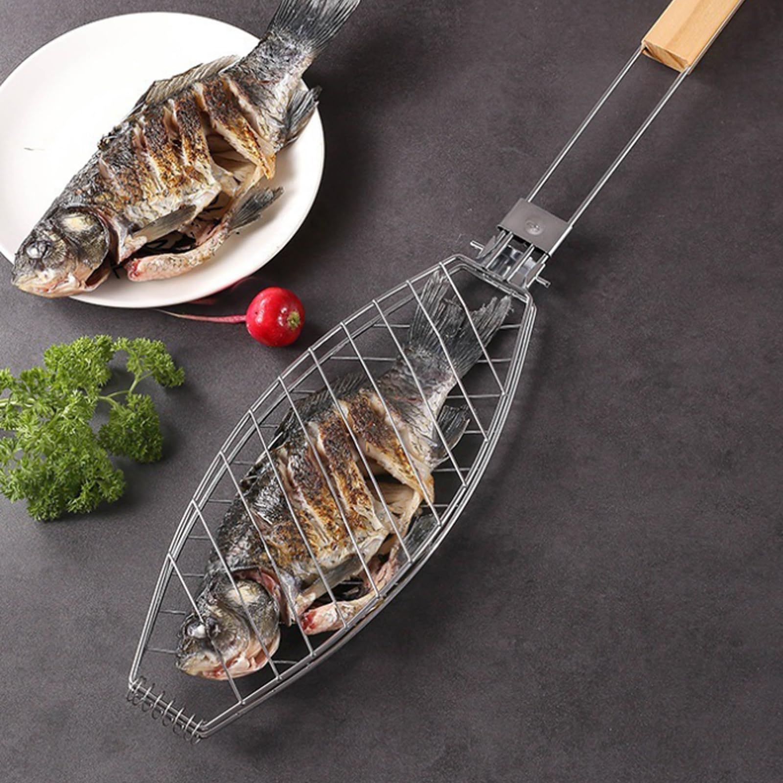 3er-Set Fisch Grillhalter mit Holzgriff, 63x12cm Große Fischbräter Fischgriller mit Griff aus Metall, Fischhalter Fischwender Grillfisch Rack Fischgrillzange Fischkorb für Grill und BBQ