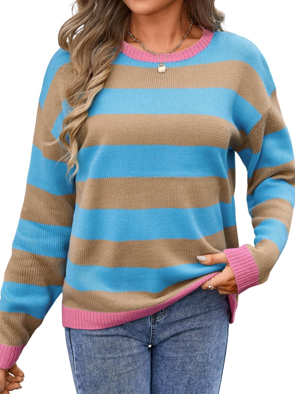 Colorful Striped Sweater,Cute Color Block Sweaters for Women,Fall Knit Tops Family Photo Costume