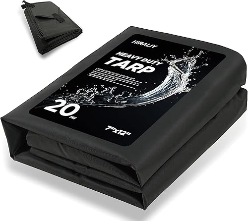 Miniatura 1 de HIRALIY Lona resistente, cubierta de lona negra impermeable de 7 x 12 pies con cintas reforzadas, lona de lona grande multiusos de 15 mil de grosor
