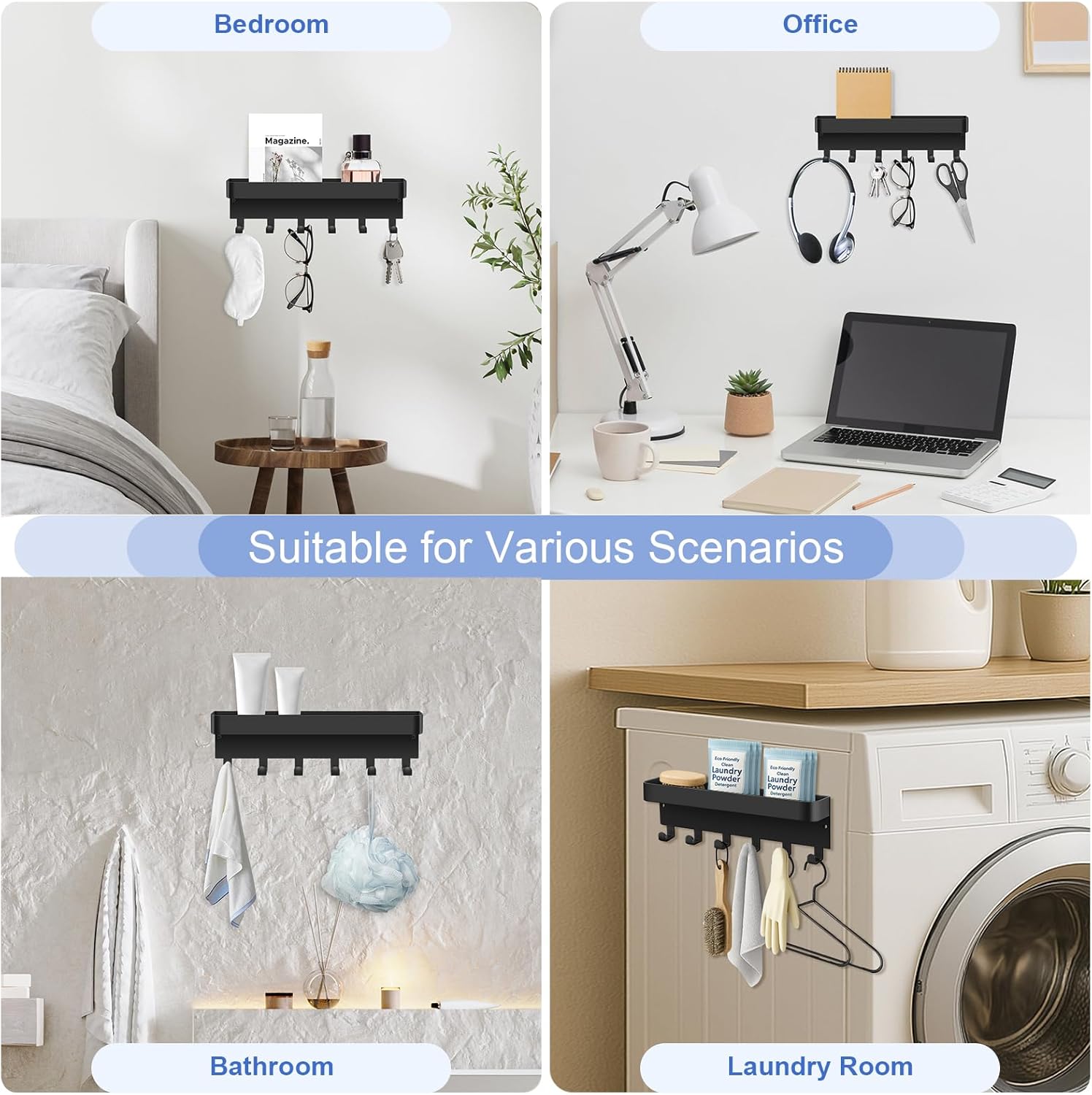 RELBRO Magnetic Key Holder for Fridge, Metal Wall Mount Key Rack with Shelf, 6 Hooks, 2 Installation Options, Black