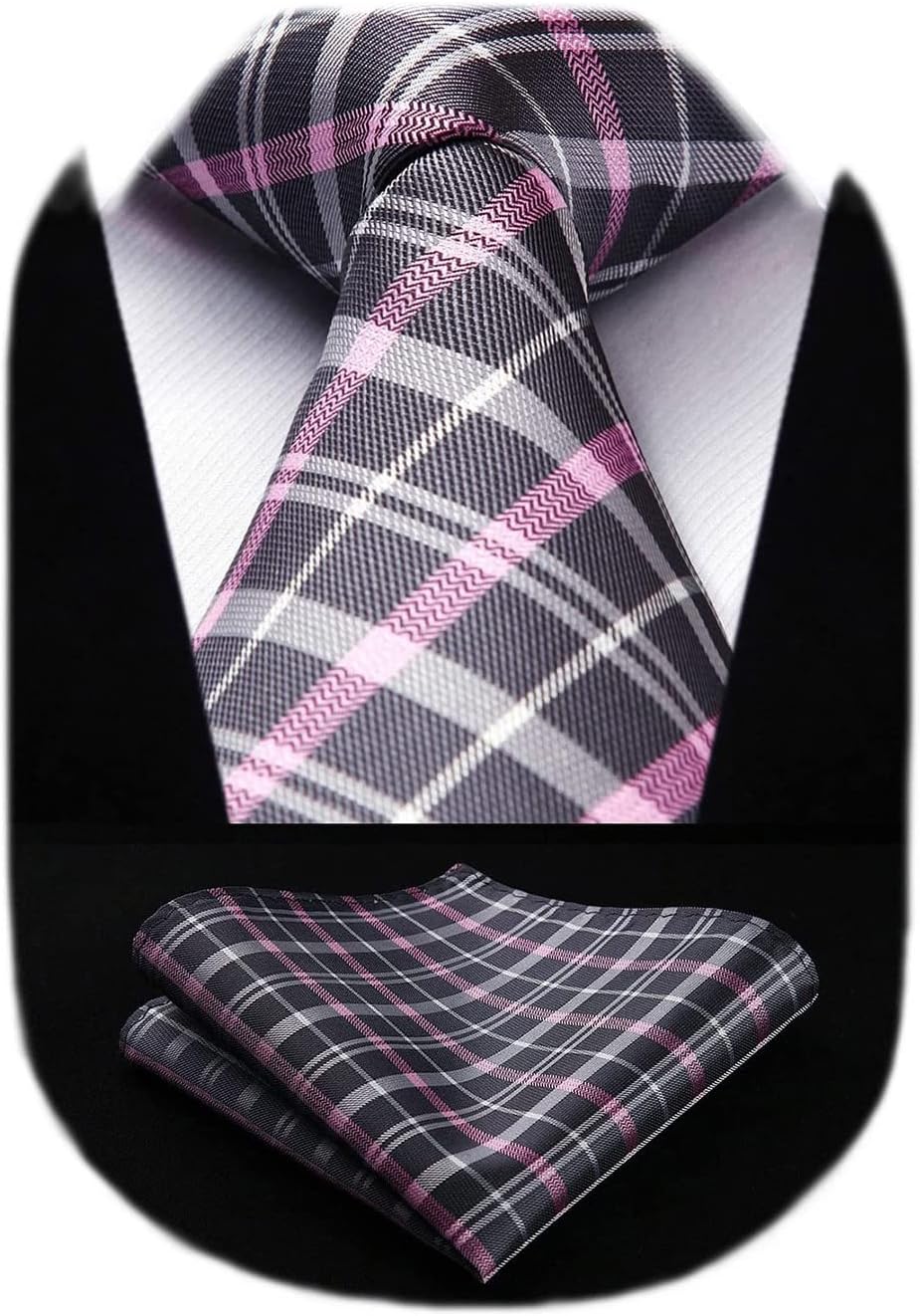 HISDERN Ties for Men Silk Extra Long Tie and Pocket Square Classic Plaid Checkered 63 inches Men's Neckties Business