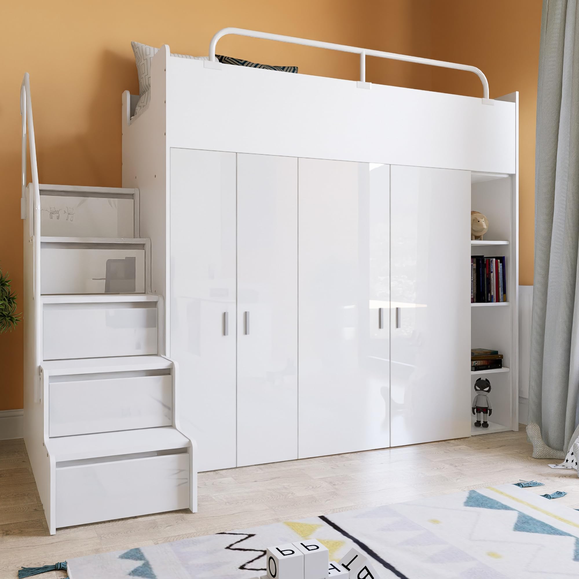 Funkcjonalne Wszechstronne Piętrowe Łóżko JSM-2 80x190 Ze Schodami Nowoczesny Młodzieżowy Unikalny Styl Idealne Do Pokoju Dziecka (Grafitowy Połysk)