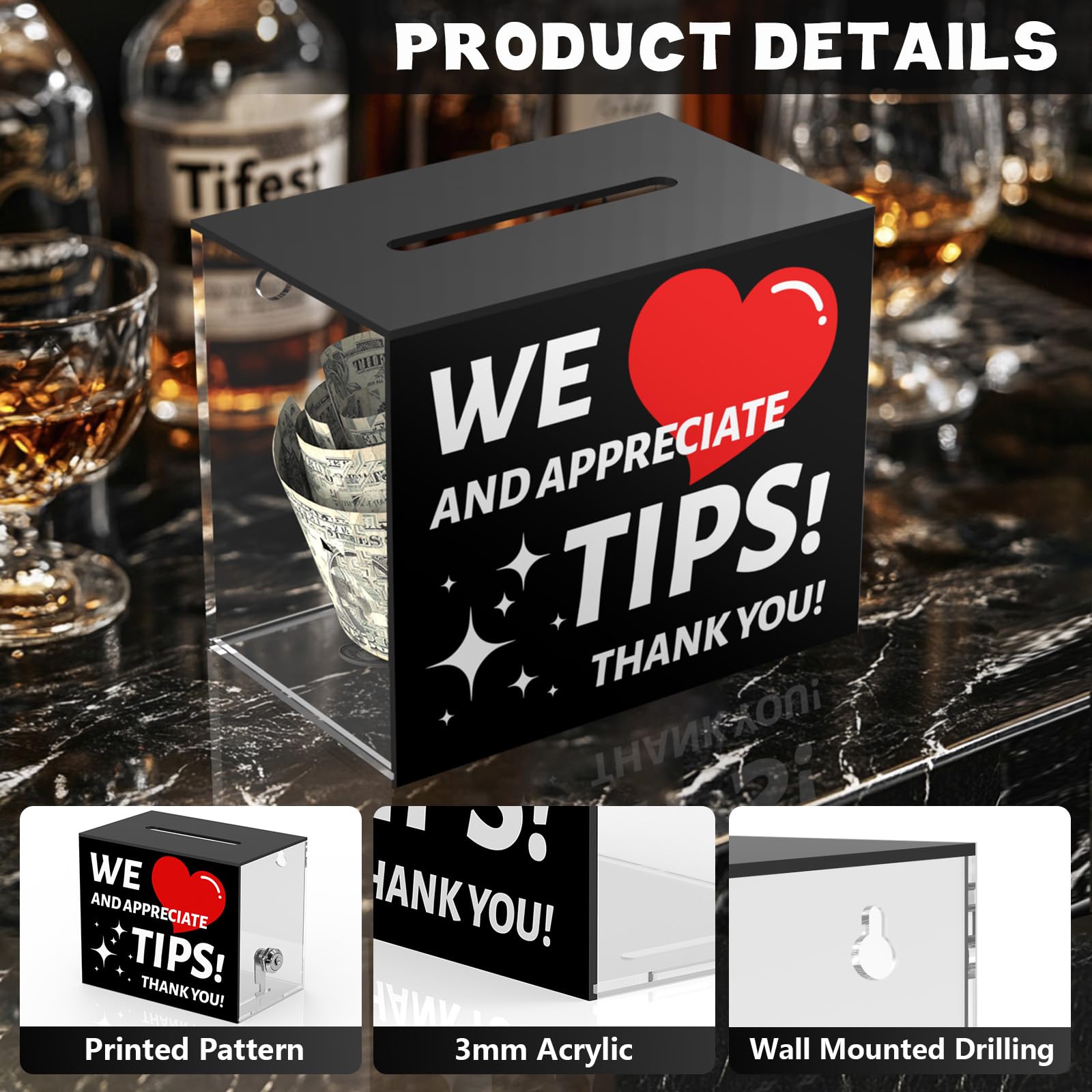 Barattolo con punta acrilica per barista Tip Box Tip Jars Scatola di suggerimenti con slot e serratura Scatola di donazione con serratura 15,2 x 10,2 x 12,7 cm Scatola per lotteria per bar ristorante