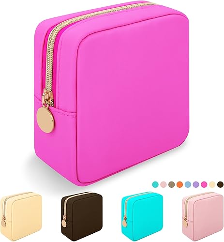 Iqimott Bolsa de maquillaje rosa intenso, bolsa de maquillaje de nailon, bolsa de cosméticos preparada, bolsa de maquillaje compacta, bolsa de aseo