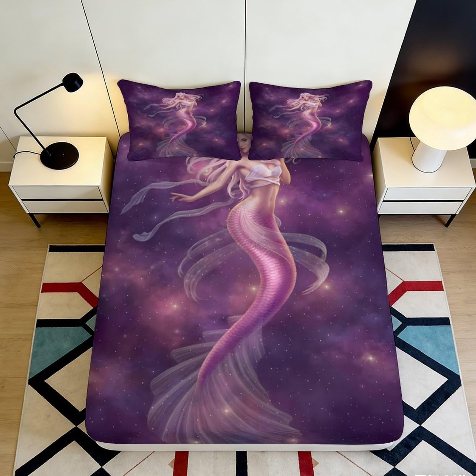 Dhbaneiok Style-6 3D Printed Purple Mermaid Fitted Sheet Microfiber Soft Anti-Slip Mattress Cover Fantasy Ocean Bedroom Decor 90X200x25cm