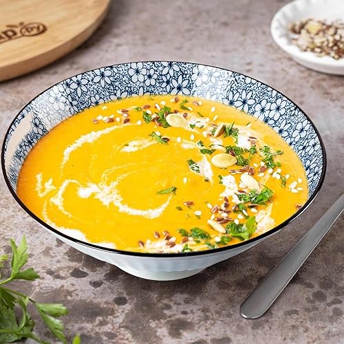 Miniatura 4 de QINLANG Tazones de ramen japonés de 38 onzas, cuencos de cereales, cuencos de sopa, cuencos Pho, cuencos de fideos, cuencos de cerámica azul y