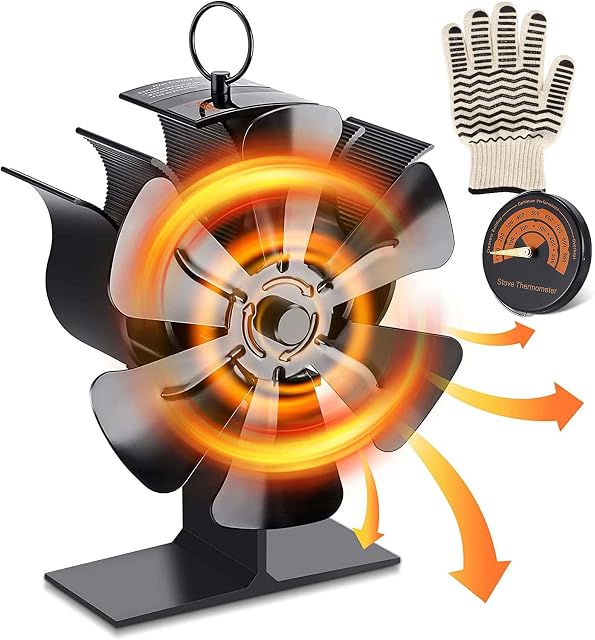 Stove Fans Log Burners, 2022 Upgrade 6-Blades Silent Wood Burner Fans with Temperature Display Strip, Log Burner Accessories with Thermometer and Heat Resistant Gloves for Wood Log Burner Fireplace