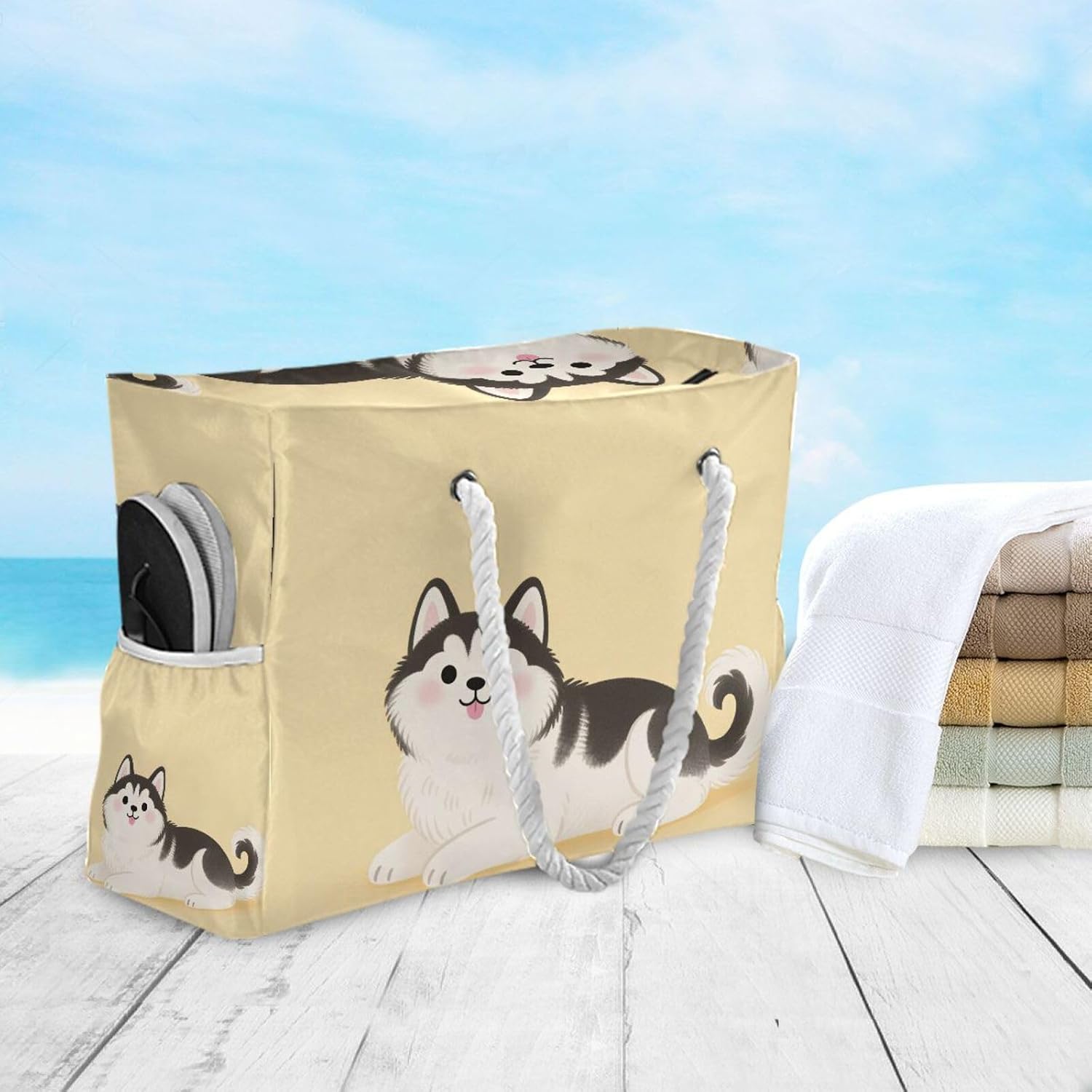 Cute Husky Dog Pattern on Yellow Beach Bags for Women Ladies Large Canvas Tote Shoulder Bag Waterproof Travel Bags for Gym Swim Pool Camping