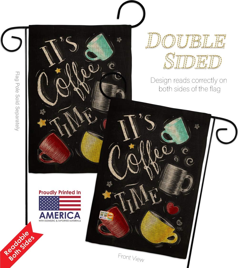 Its Coffer Time Burlap Garden Flag Set with Stand Beverages Latte Capucchino Expresso Drink Cream Cup Teapot Small Decorative Gift Yard House Banner Double-Sided Made In USA 13 X 18.5