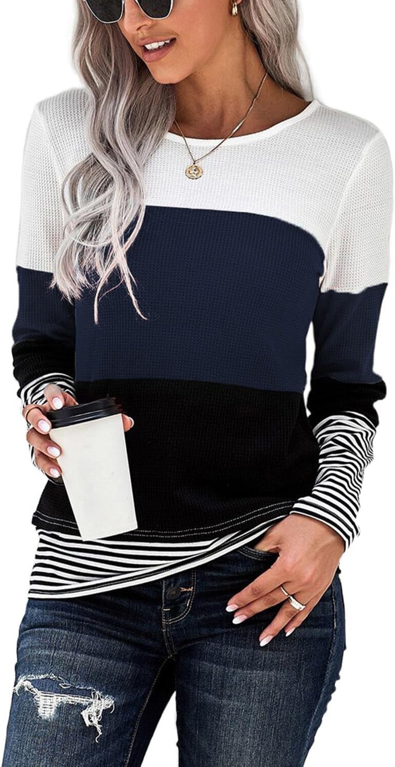 NEYOUQE Womens Color Block Waffle Loose Long Sleeve T Shirts Casual Comfy Tops Tee Shirt Women's Tunics