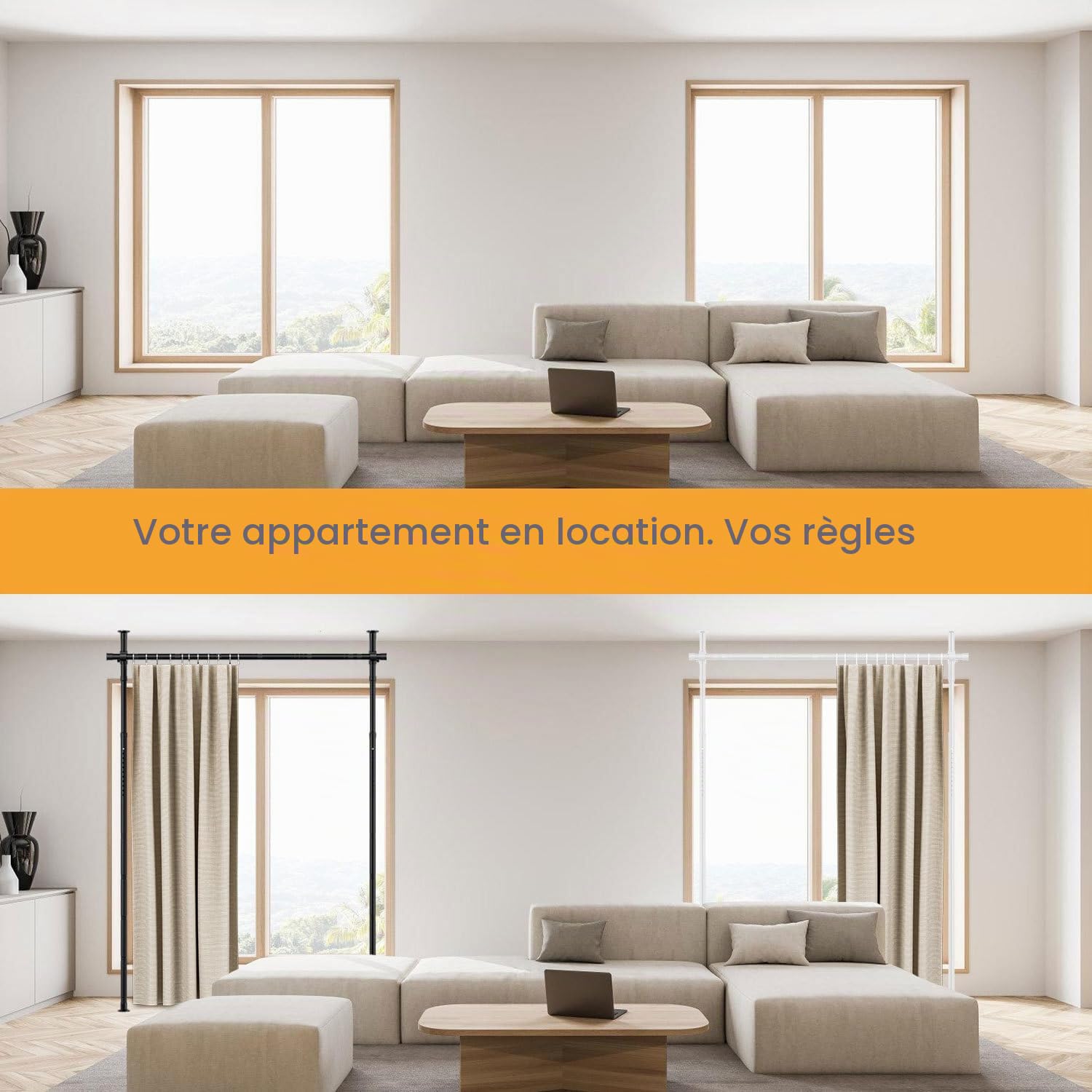 Paravent de séparation de pièce Jaxguom, tringle à rideaux, réglable de manière flexible sans perçage, L 70-177cm x H 122-305cm, paravent autoportant sans rideau, protection des regards pour salon