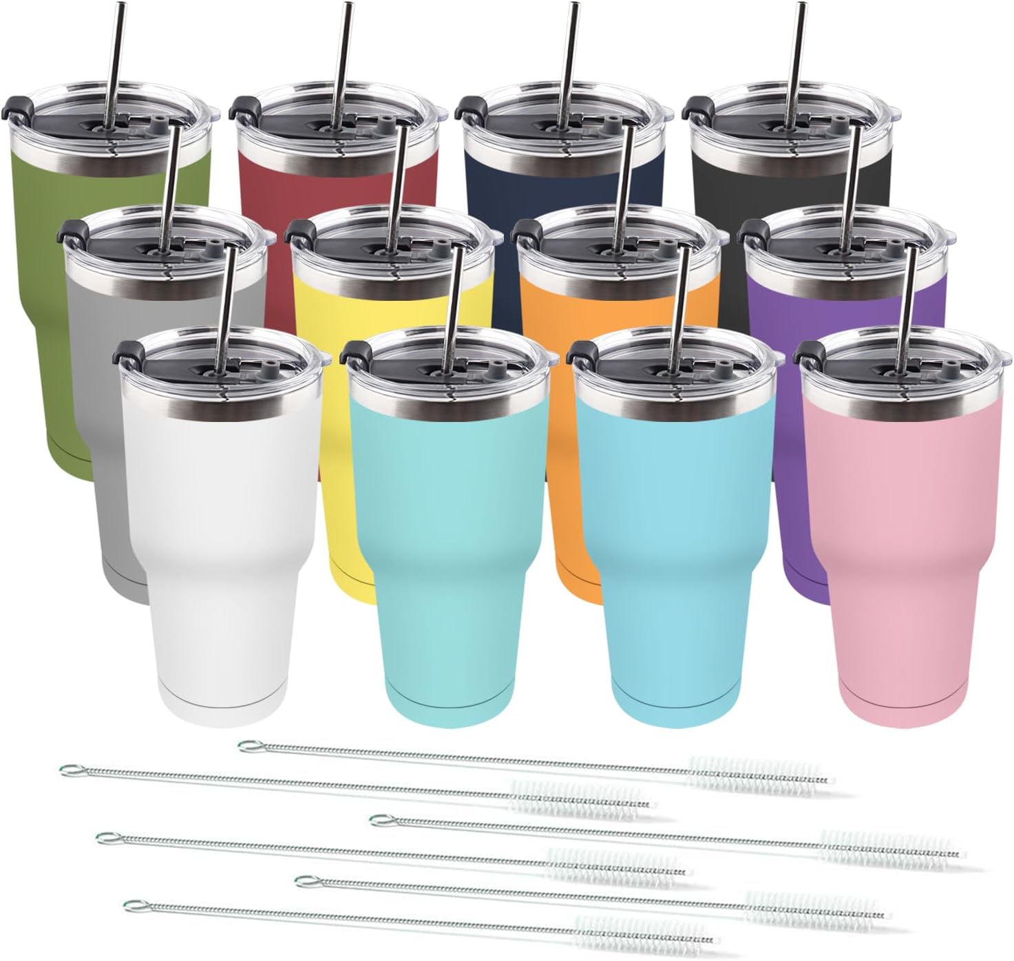 Amtidy 12 Pack 30oz Travel Mug, Powder Coated Stainless Steel Vacuum Double Wall Bulk Tumbler, Durable Insulated Coffe Cup with Splash Proof Lids straw and cleaning brush,for Home, Office, Party