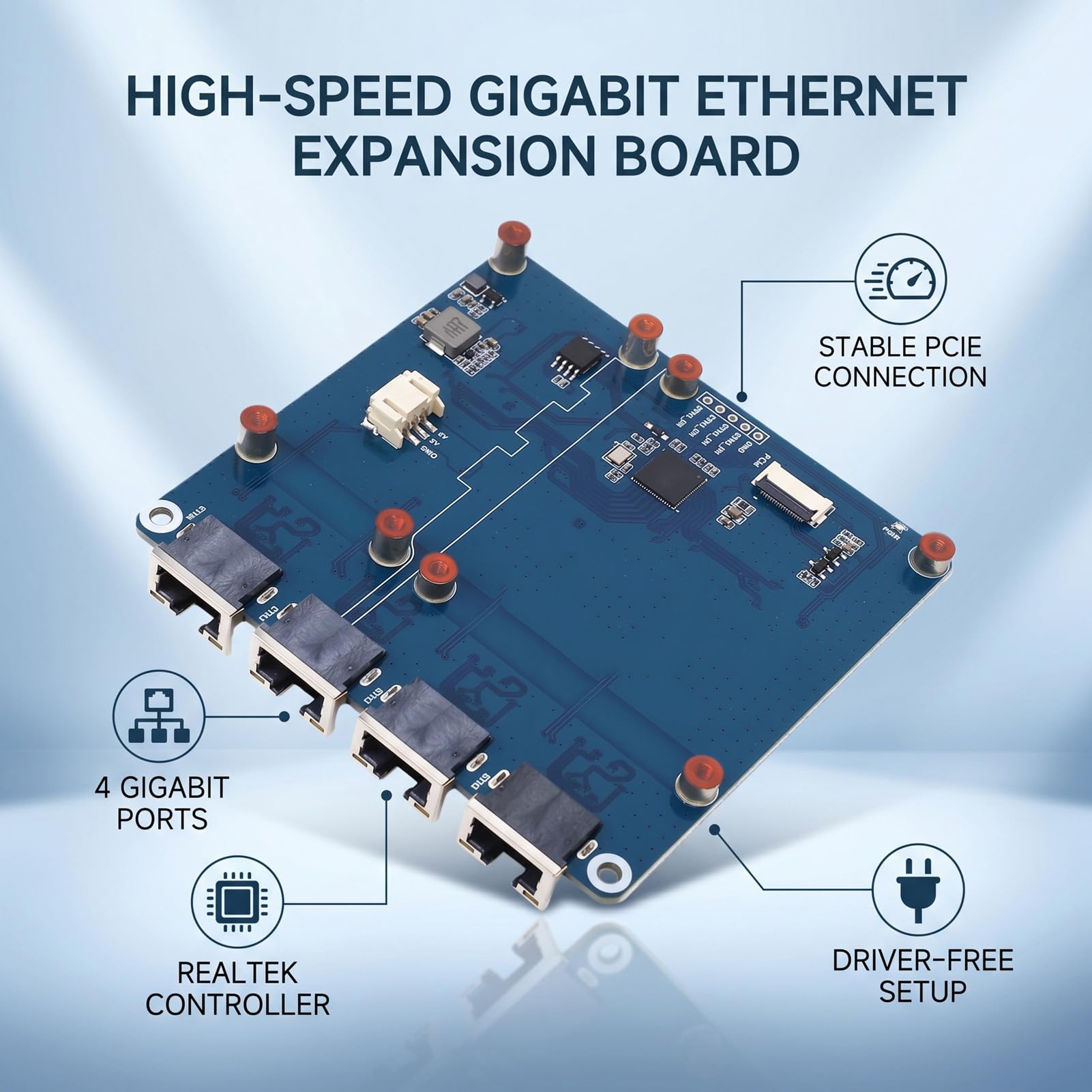 Tangxi Scheda PCIe a 4 Porte Gigabit Ethernet per RPi 5, Plug and Play, Nessun Driver Richiesto, con Porte RJ45 e Indicatori di stato.