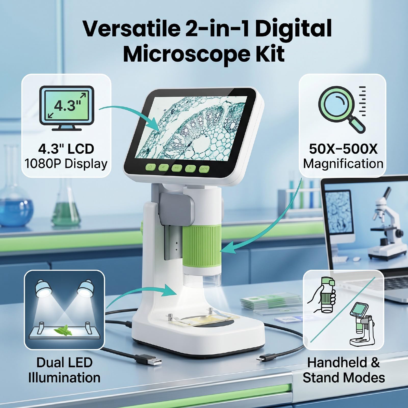 Microscopio Digital para Niños, Zoom 50X - 500X con Pantalla 4.3" 1080P, Soporte Portátil Modos Duales, Luces LED, Almacenamiento de 8 GB, Juguetes Científicos para Estudiantes y