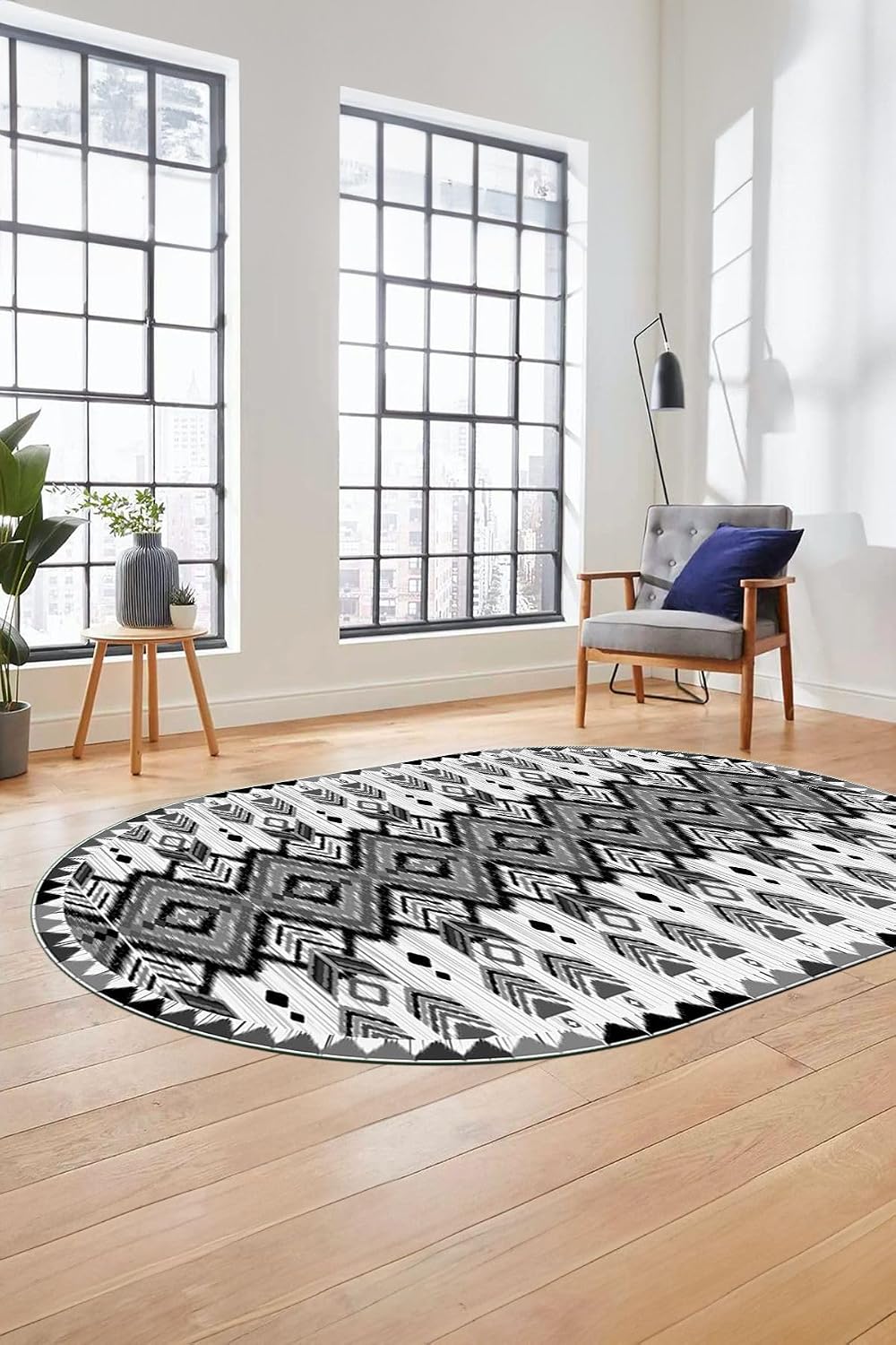 Renkli Etnik Desenli Dijital Kaymaz Taban Yıkanabilir Oval Yolluk Mutfak Salon Halısı O-ETNİK-06, Gri, 80 x 250