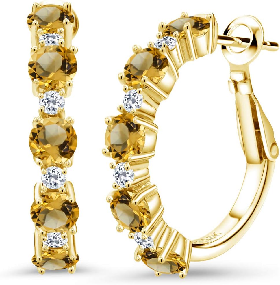 Gem Stone King 18K Yellow Gold Plated Silver Gemstone Birthstone and White Topaz Hoop Earrings for Women | Round Cut 4MM and 1.9MM Stones | 1 Inch Diameter Hoops | Fine Jewelry for Her Mom Wife Women