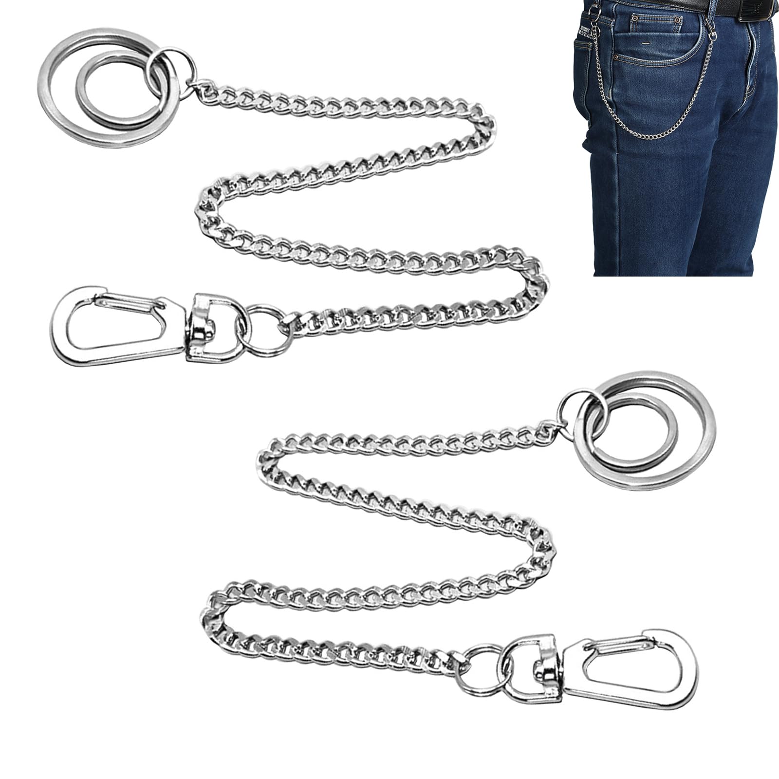 Oruola 3 Portachiavi Lunghi Da Uomo In Metallo Argento - 70 Cm Con Moschettone E 2 Anelli - Catena Per Pantaloni, Jeans E Portafoglio - 2