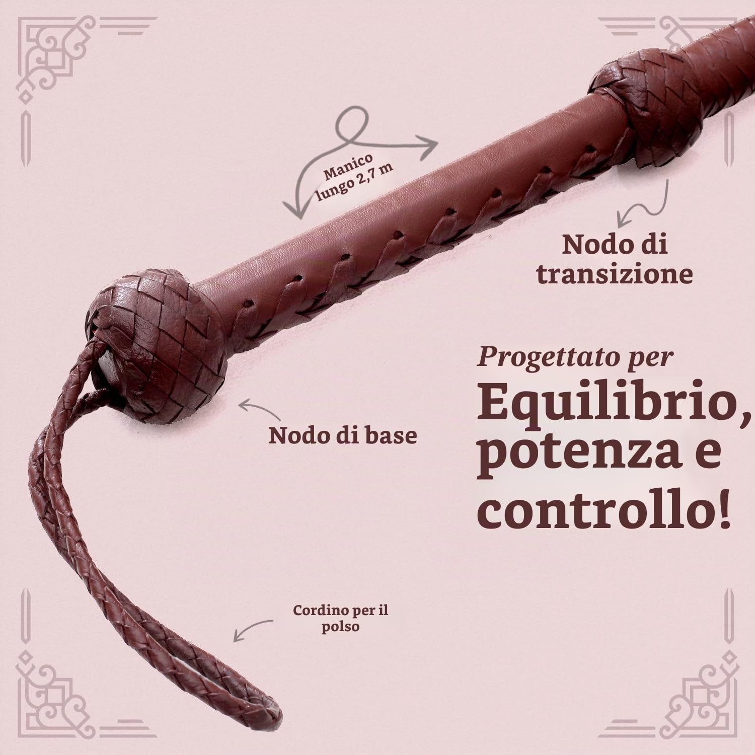 Indiana Jones Style - Frustino in Vera Pelle Bovina, 1,8 m, 8 trecce Marrone Scuro