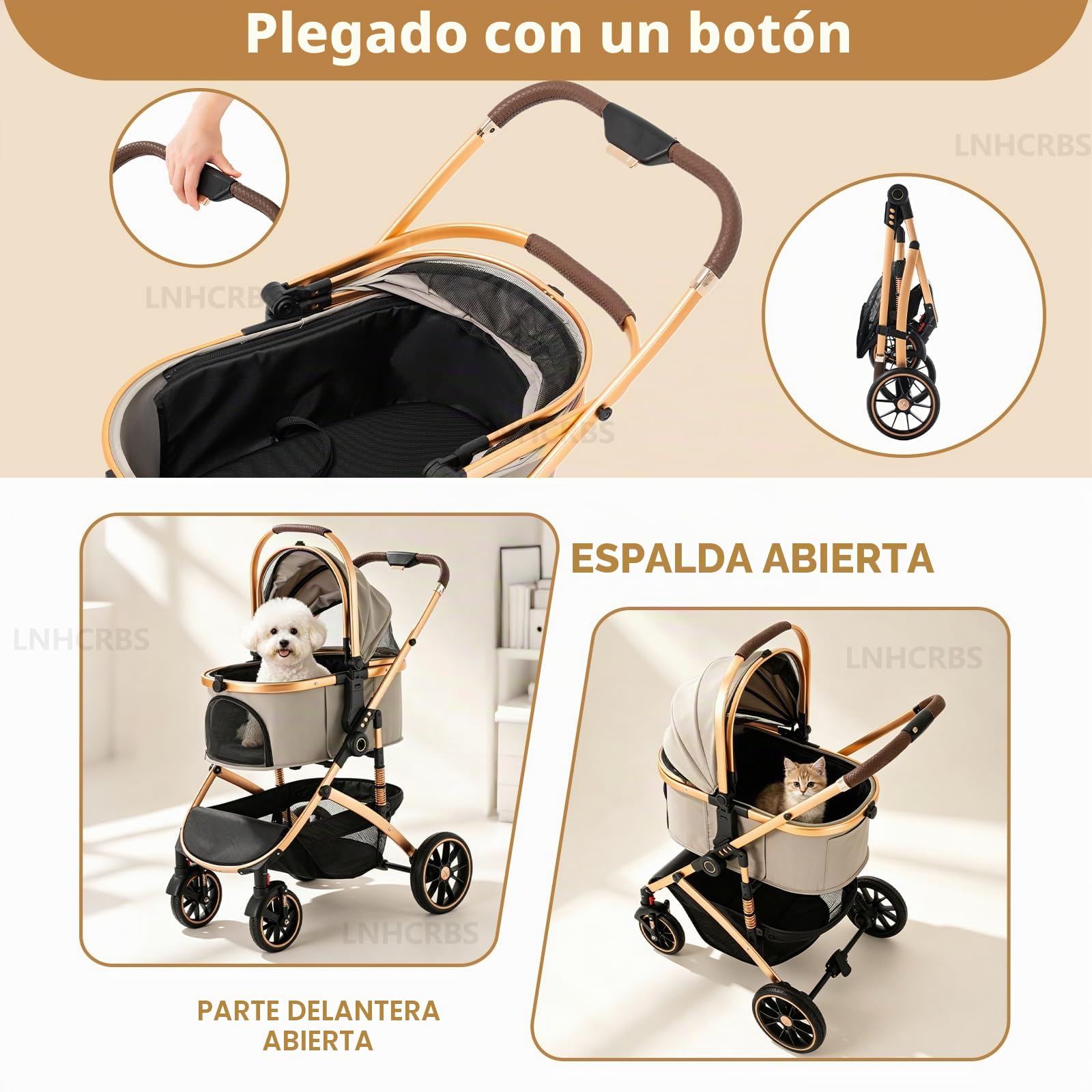 Carro Perro-Un Práctico Carrito Para Perros y Carro Para Perros con Cesta Desmontable, Chasis de Aluminio (Hasta 22 Kg)-Plegado en Un Paso, Gran Cesta-Para Mascotas Pequeñas/Medianas,Khaki