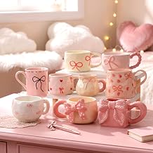 Suclain Set of 9 Pink Bow Ceramic Mug Set, Assorted Cute Coffee Cups