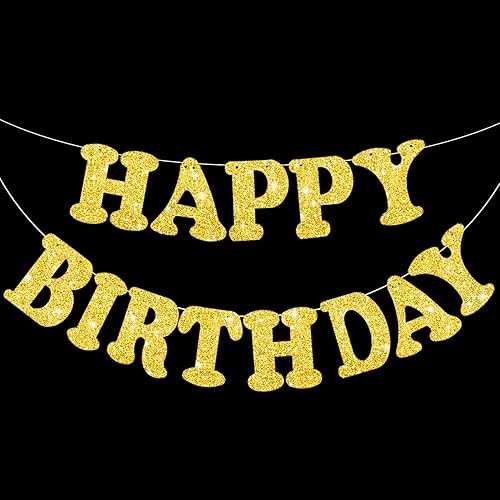 Miniatura 1 de Cartel dorado de feliz cumpleaños, sin bricolaje, pancarta de fiesta de cumpleaños con purpurina dorada, pre-encordada, guirnalda de cumpleaños