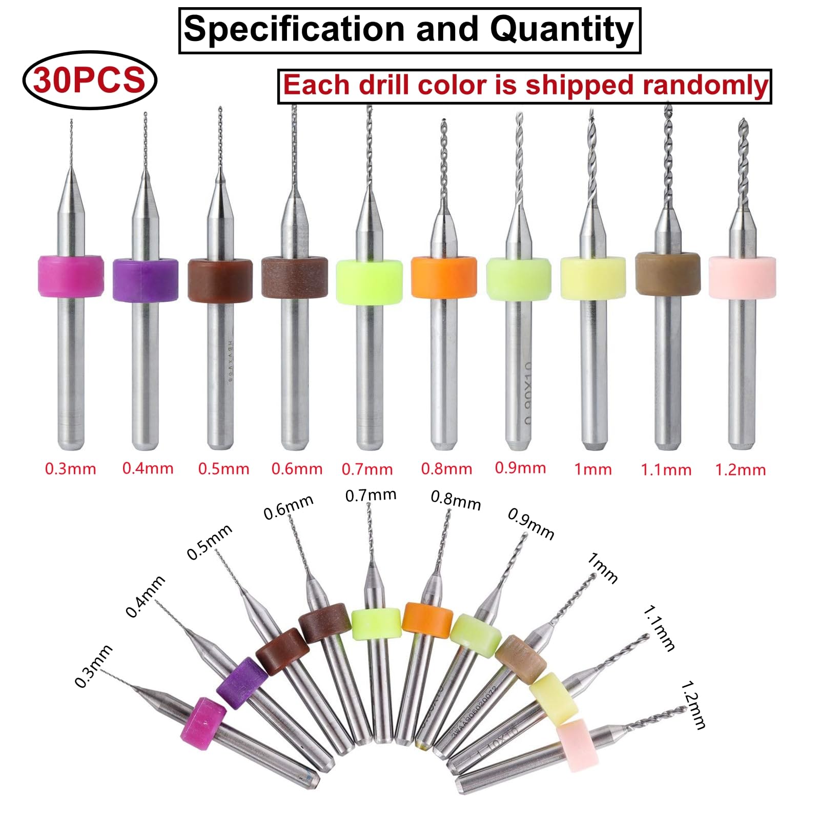30 pezzi Punte da PCB Micro,Mini Trapano 0,3/0,4/0,5/0,6/0,7/0,8/0,9/1/1,1/1,2 mm Punta Twist Bits per Circuiti Stampati,Ambra,Cera d'api,Plastica,Gioielleria,Incisione