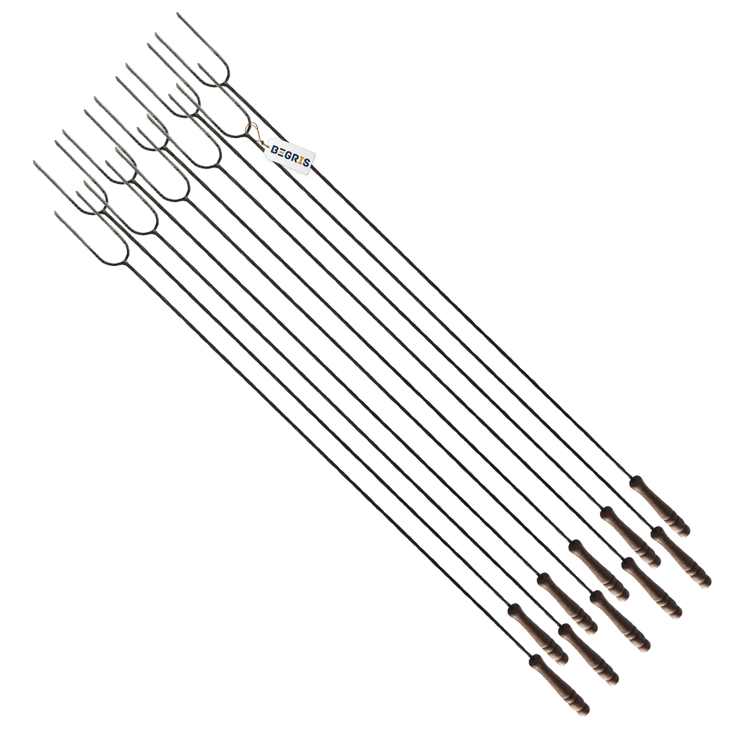 Grill spieße stahl 100cm Feuerstab, Grillspiesse lang für Lagerfeuer, Barbecue, Spieße für grill zum Einfädeln und Braten von Würsten auf dem Feuer Stahlstab, Holzgriff 10 Stück