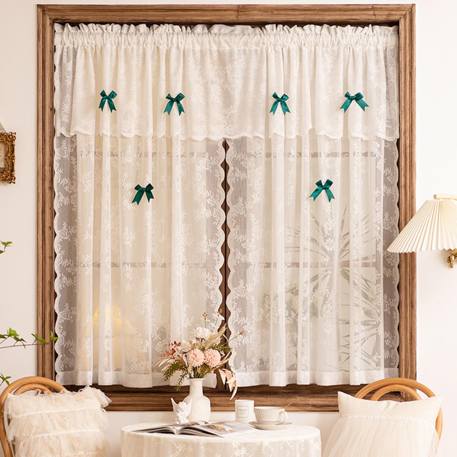 ZZYK White Lace Curtain Valances for Bedroom Living Room Cafe Farmhouse Detachable Green Bow Light Filtering Valance Privacy Washed Window Curtains,Paste,79" W x 79" L