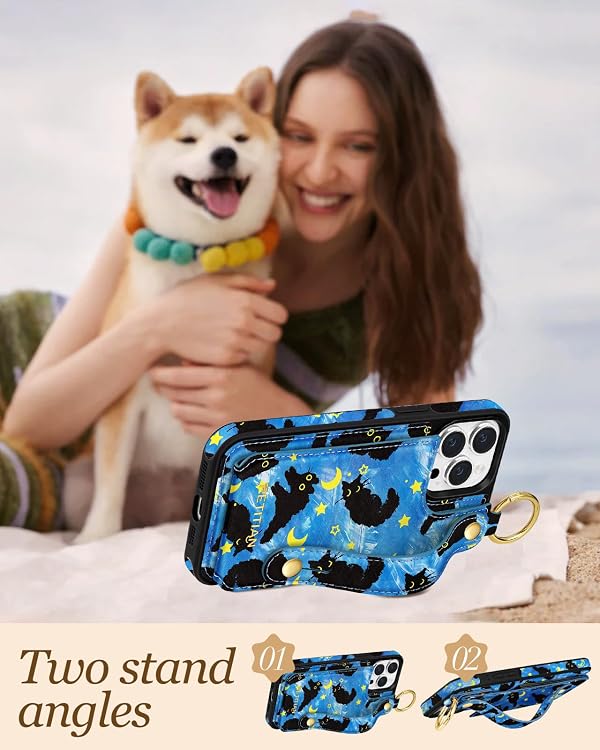 Petitian for iPhone 13 Pro Max Case with Wallet - Women Girls Cute Girly Aesthetic Unique Design Leather Credit Card Holder Cardholder Stand Wristband for iPhone 13 Pro Max, Blue Cat by Petitian - Used condition - Image 5