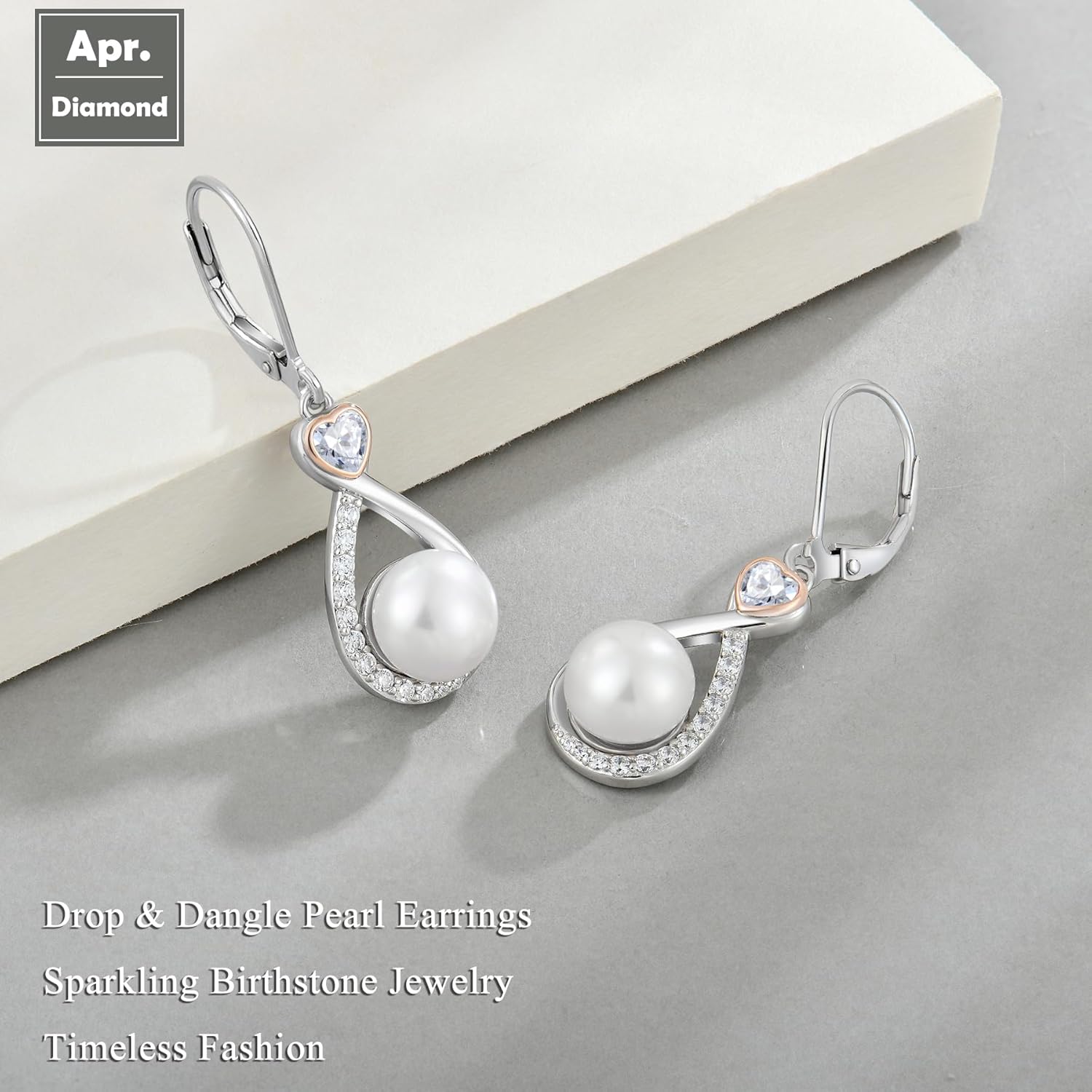 Heart Birthstone Pearl Earrings, 925 Sterling Silver Infinity Dangle Drop Leverback Earrings, 9mm Freshwater Cultured Pearl & 4mm Gemstone Jewelry Valentine's Day Gift for Women
