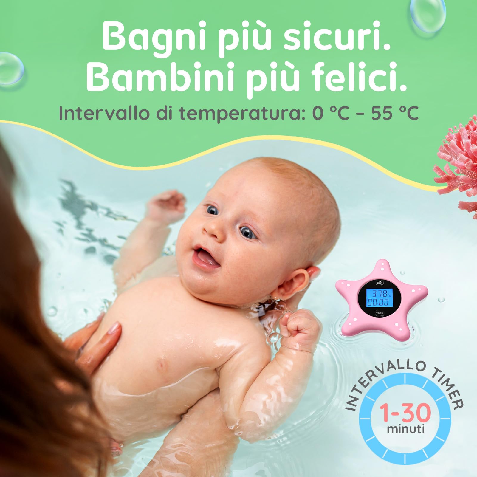 Termometro Bagno Neonato Digitale e Timer - Stella Marina in Silicone Morbido - Termometro ad Acqua Galleggiante - Giocattolo per Neonati e Bambini