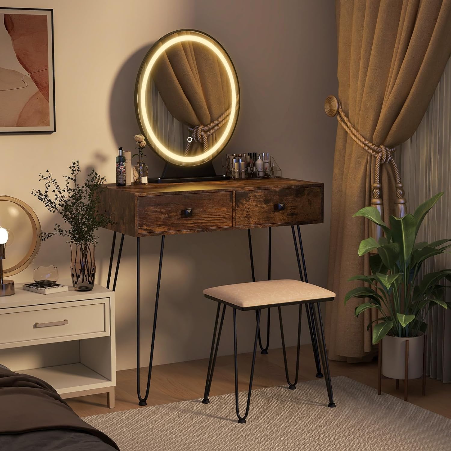 Byroce Vanity Desk with Lighted Mirror, 3 Color Lighting Modes, Adjustable Brightness, 2 Large Drawers & Acrylic Storage Box, Makeup Vanity Table with Cushioned Stool for Bedroom (Rustic Brown)