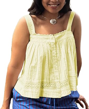 Women Boho Lace Trim Ruffle Tank Top Y2k Tie Front Cami Shirt Flowy Button Down Sleeveless Tank Crop Top